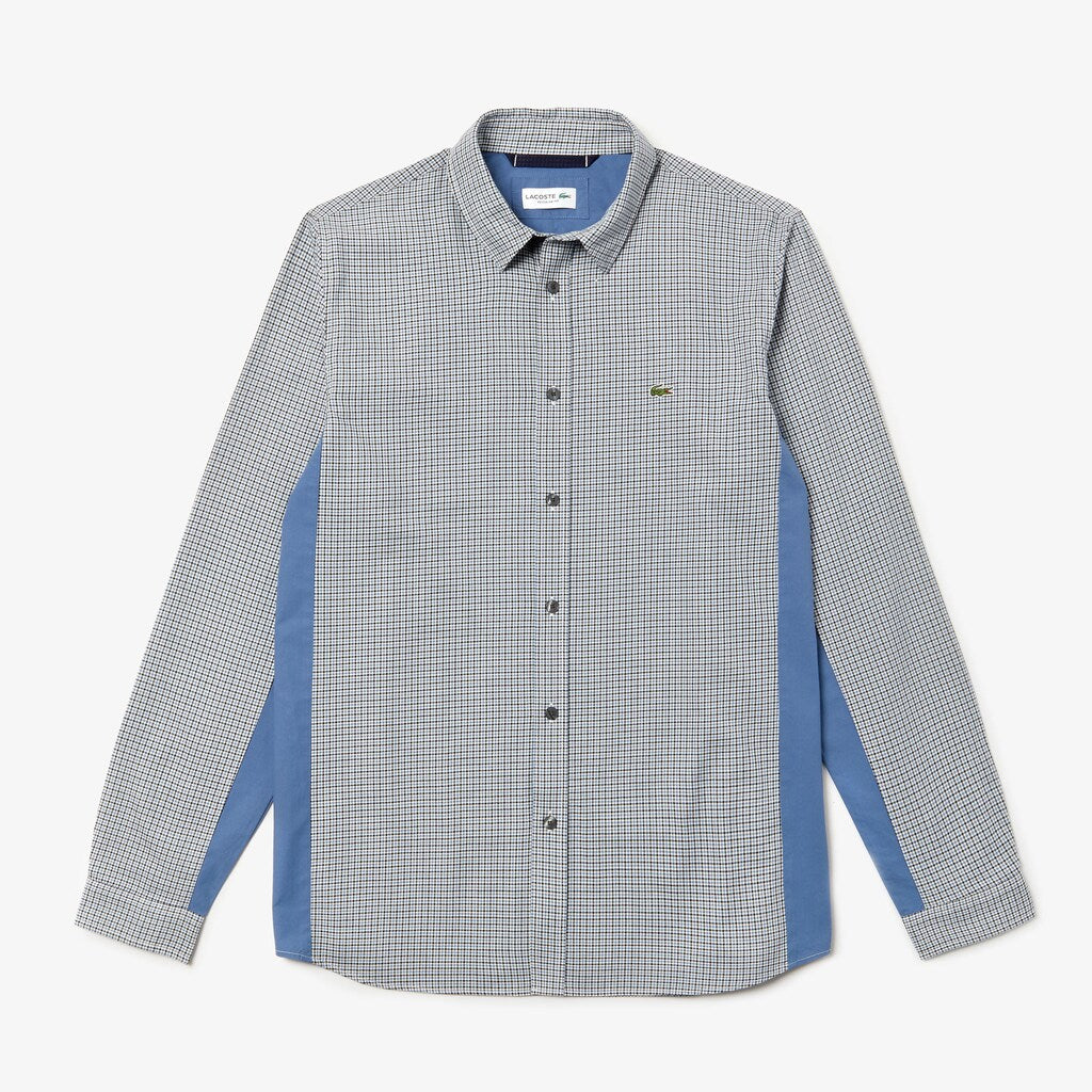 Mens   Regular Fit Paneled Print-Blocked Cotton Shirt | Lacoste Blue / White / Navy Blue • 1R2