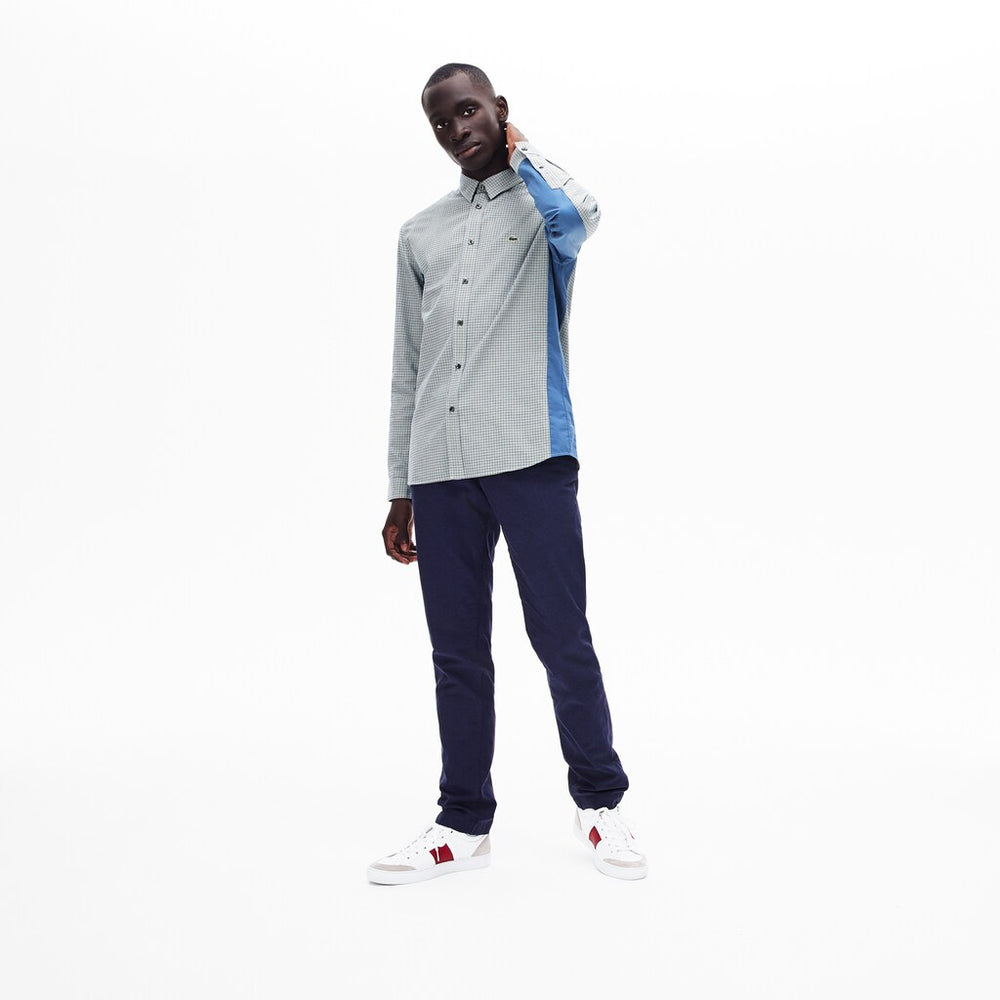 Mens   Regular Fit Paneled Print-Blocked Cotton Shirt | Lacoste Blue / White / Navy Blue • 1R2