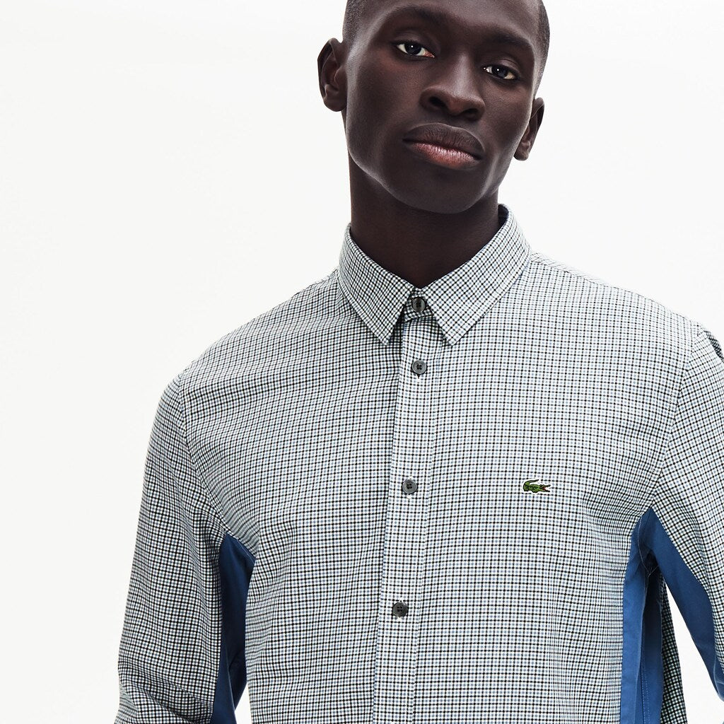 Mens   Regular Fit Paneled Print-Blocked Cotton Shirt | Lacoste Blue / White / Navy Blue • 1R2