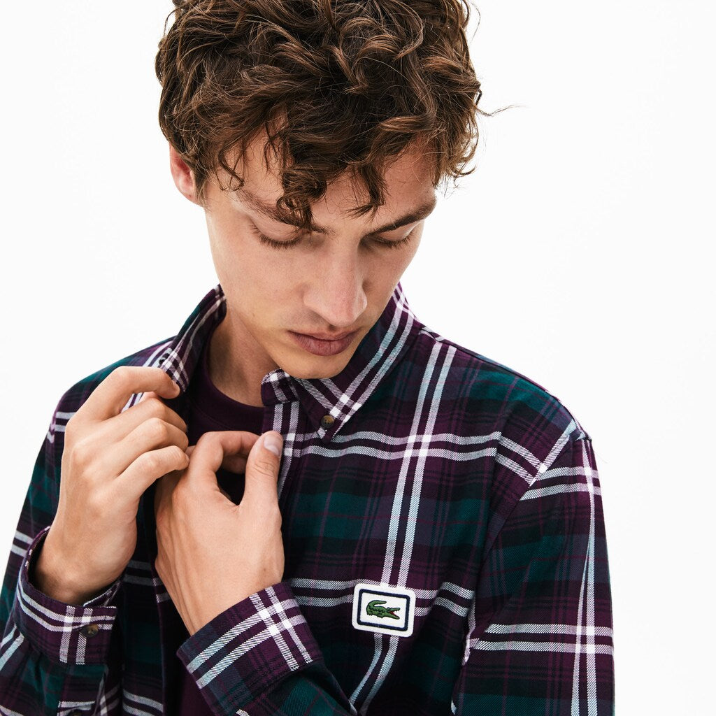 Mens   Regular Fit Checkered Flannel Overshirt | Lacoste Bordeaux / White • 91Q