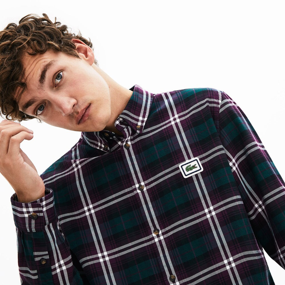 Mens   Regular Fit Checkered Flannel Overshirt | Lacoste Bordeaux / White • 91Q