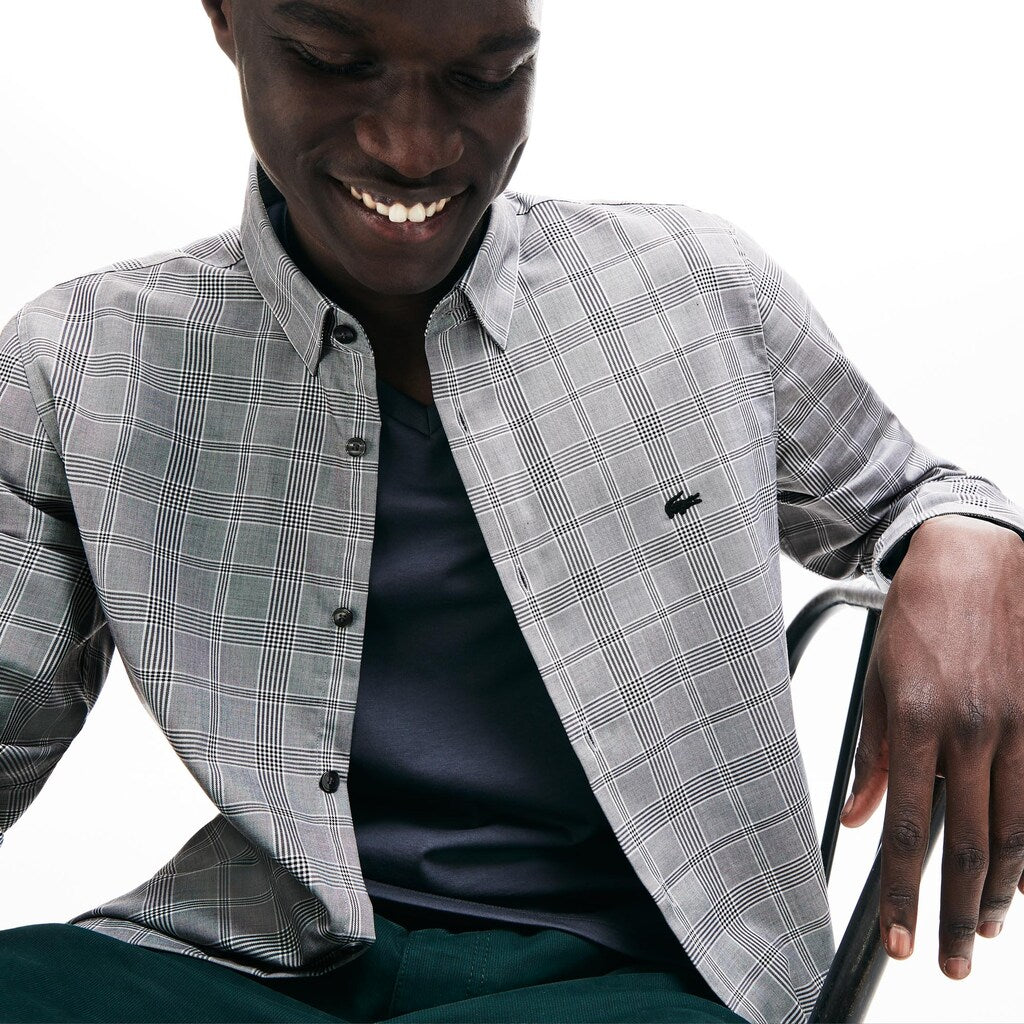 Mens   Slim Fit Glen Plaid Cotton Shirt | Lacoste Black / White • 258