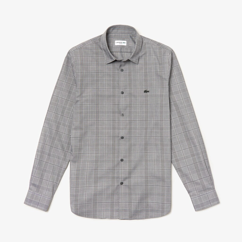 Mens   Slim Fit Glen Plaid Cotton Shirt | Lacoste Black / White • 258