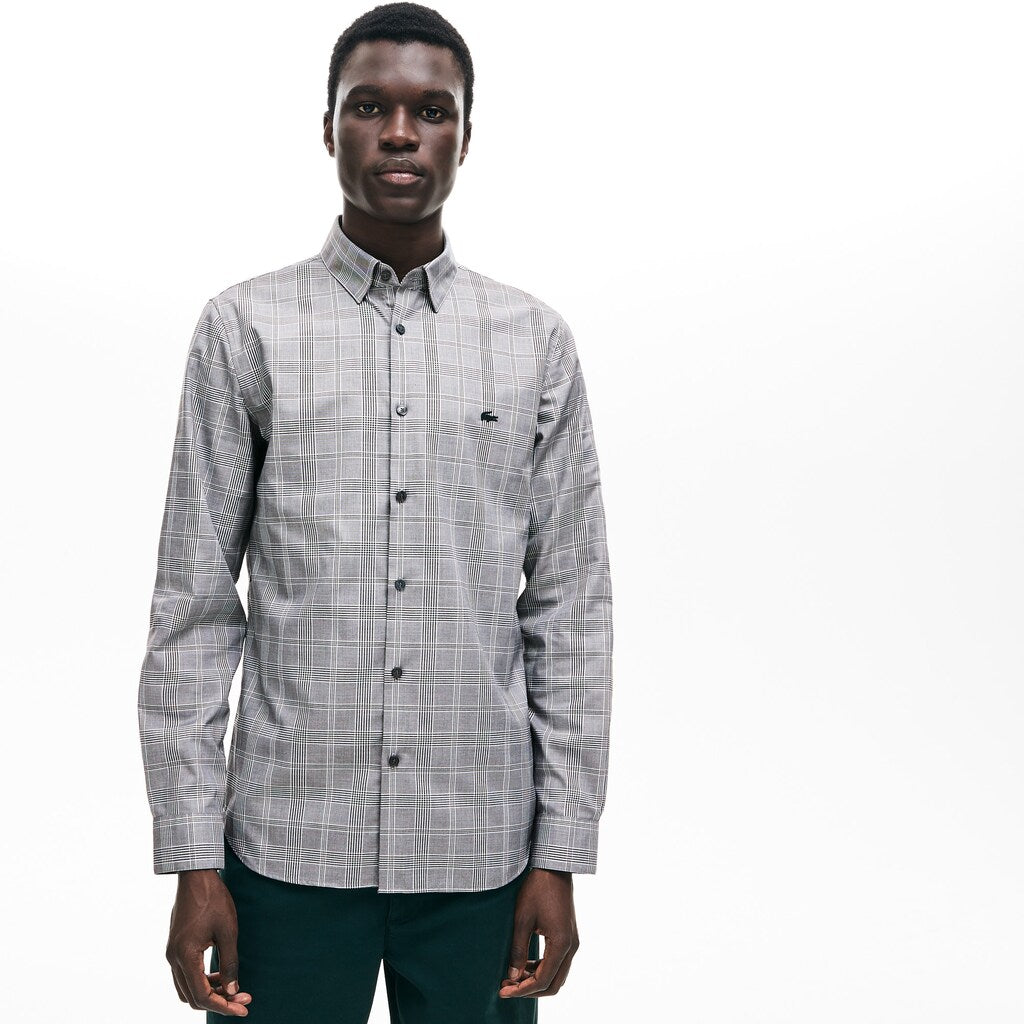 Mens   Slim Fit Glen Plaid Cotton Shirt | Lacoste Black / White • 258
