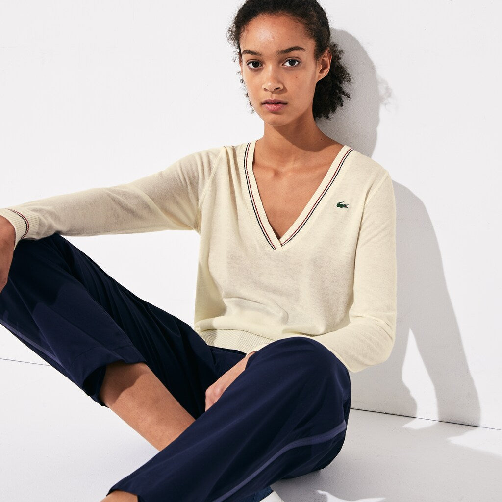 Womens Wo  SPORT Technical Wool Blend Golf Sweater | Lacoste White / Navy Blue / Red • 5Ze