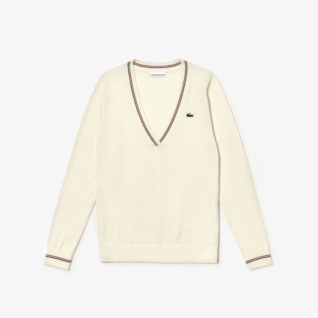Womens Wo  SPORT Technical Wool Blend Golf Sweater | Lacoste White / Navy Blue / Red • 5Ze