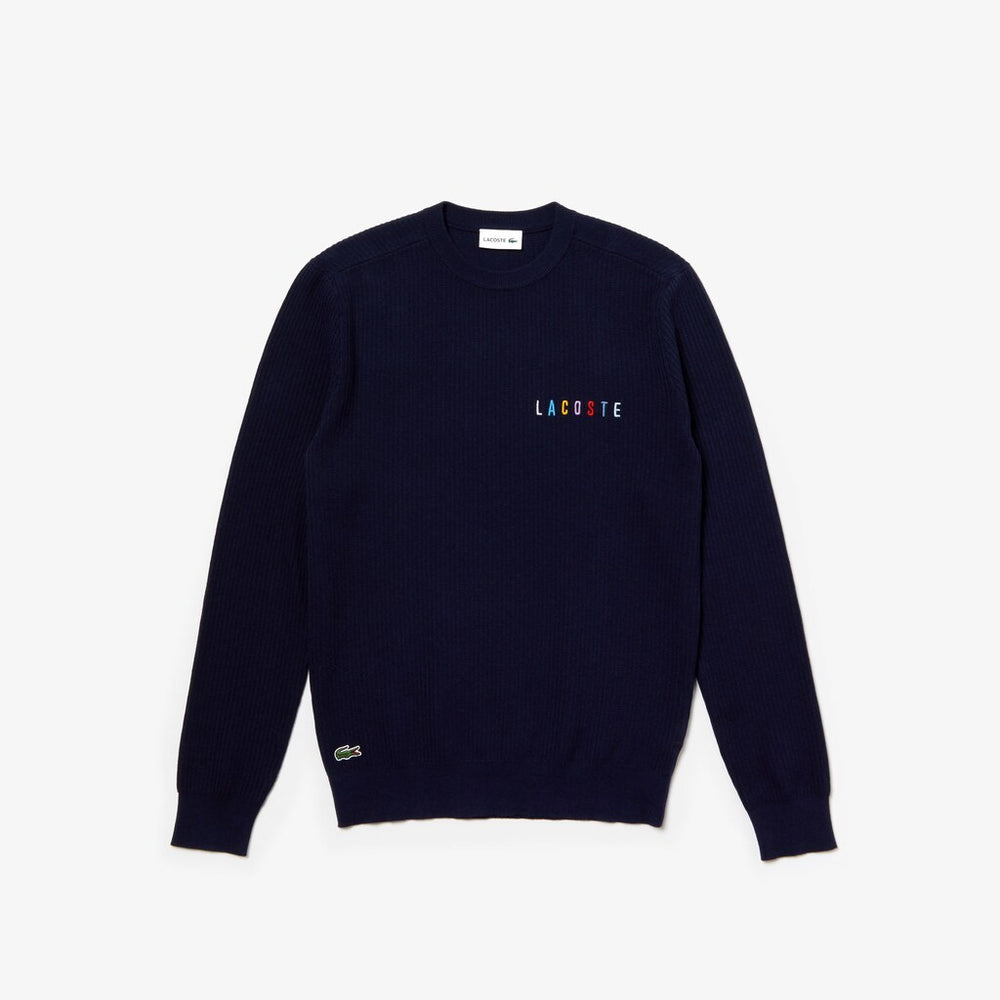 Mens   Crewneck Embroidered Cotton Blend Sweater | Lacoste Navy Blue • 166