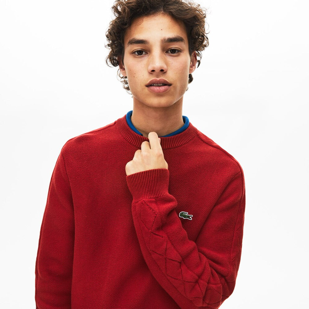 Mens   Crewneck Quilted-Sleeve Cotton Piqué Sweater | Lacoste Bordeaux • 43J