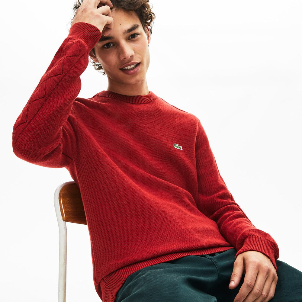 Mens   Crewneck Quilted-Sleeve Cotton Piqué Sweater | Lacoste Bordeaux • 43J