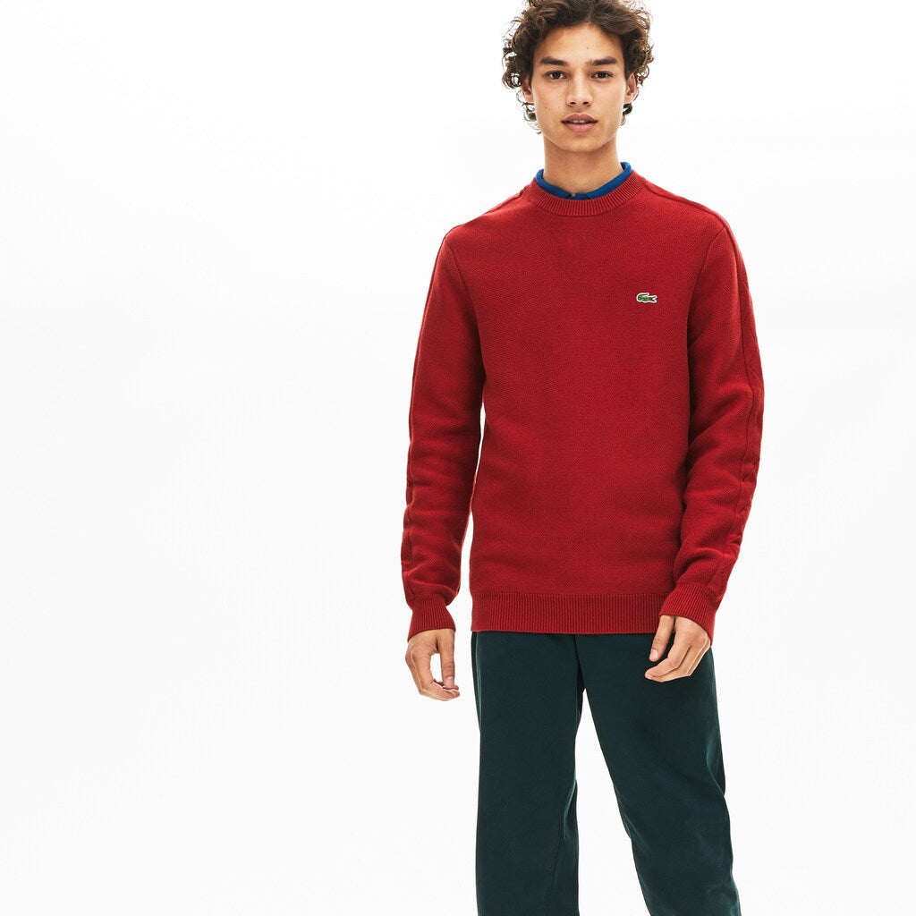 Mens   Crewneck Quilted-Sleeve Cotton Piqué Sweater | Lacoste Bordeaux • 43J