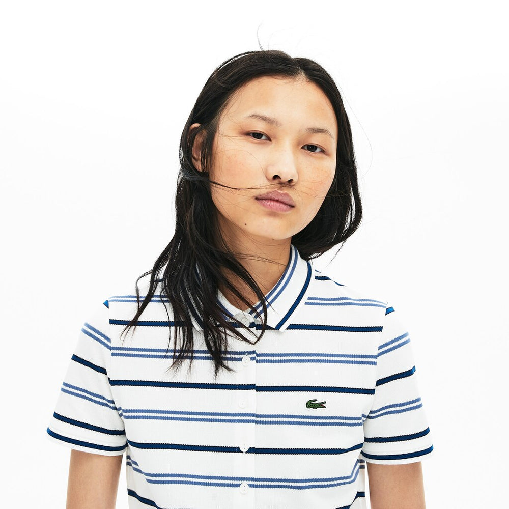 Womens Wo  Slim Fit Striped Stretch Piqué Polo Shirt | Lacoste White / Blue / Navy Blue • 14V