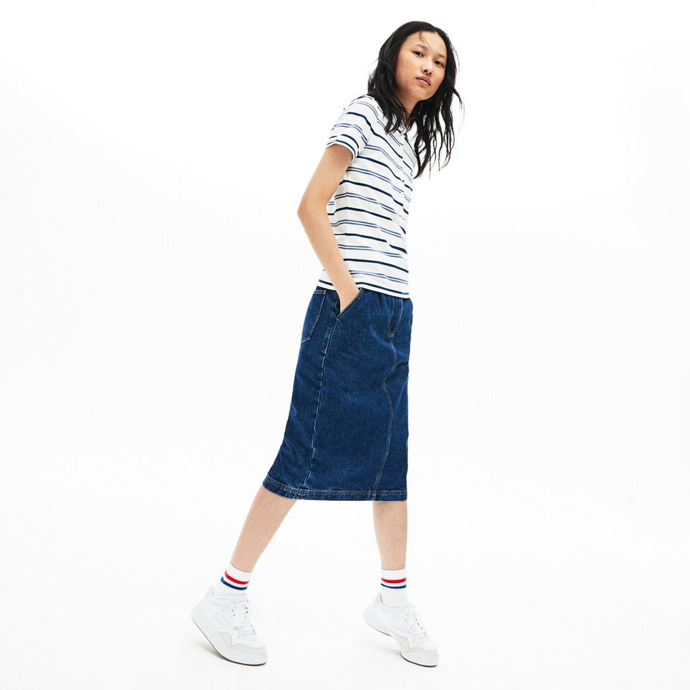 Womens Wo  Slim Fit Striped Stretch Piqué Polo Shirt | Lacoste White / Blue / Navy Blue • 14V