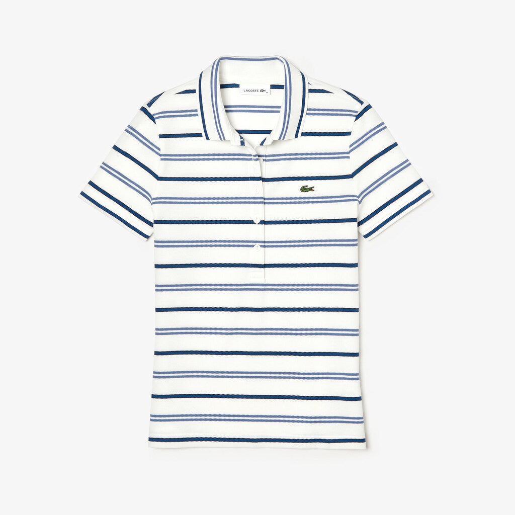 Womens Wo  Slim Fit Striped Stretch Piqué Polo Shirt | Lacoste White / Blue / Navy Blue • 14V