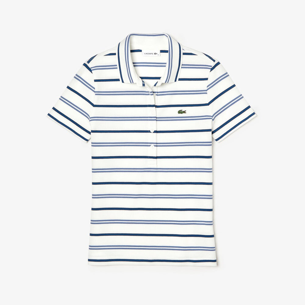 Womens Wo  Slim Fit Striped Stretch Piqué Polo Shirt | Lacoste White / Blue / Navy Blue • 14V