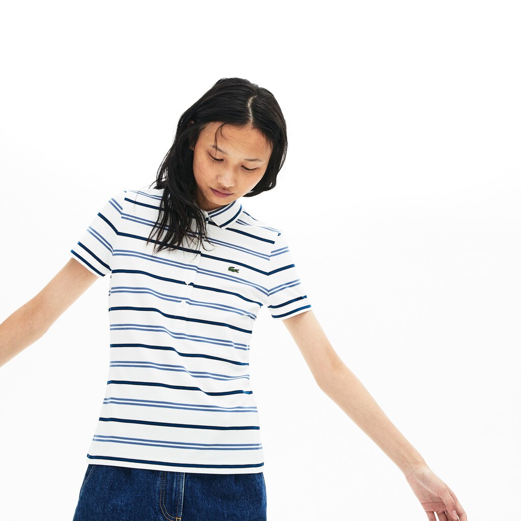 Womens Wo  Slim Fit Striped Stretch Piqué Polo Shirt | Lacoste White / Blue / Navy Blue • 14V