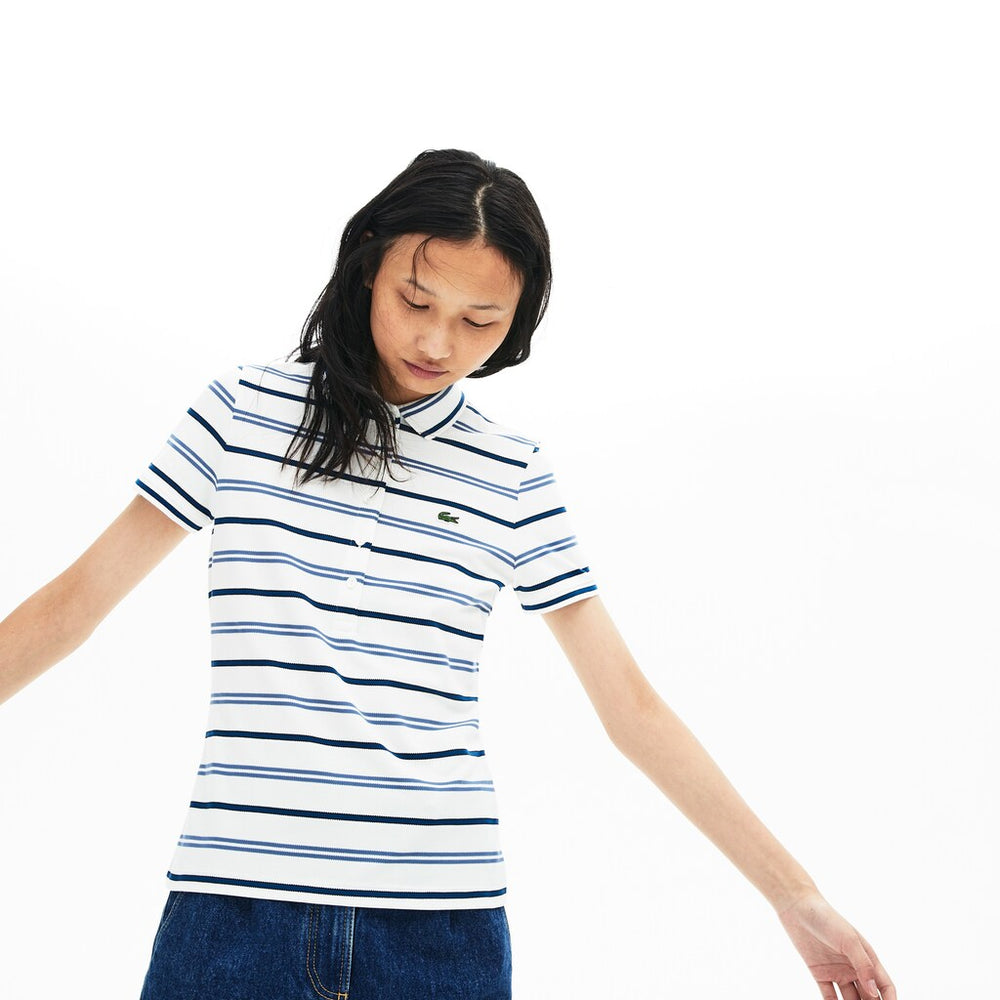 Womens Wo  Slim Fit Striped Stretch Piqué Polo Shirt | Lacoste White / Blue / Navy Blue • 14V
