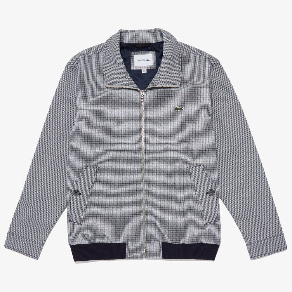 Mens   Herringbone Pattern Zip Harrington Jacket | Lacoste White / Blue / Navy Blue • Zdw