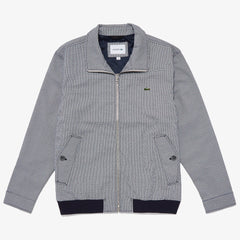 Mens   Herringbone Pattern Zip Harrington Jacket | Lacoste White / Blue / Navy Blue • Zdw