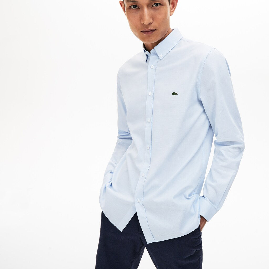 Mens   Slim Fit Polka Dot Cotton Poplin Shirt | Lacoste Light Blue • 58M