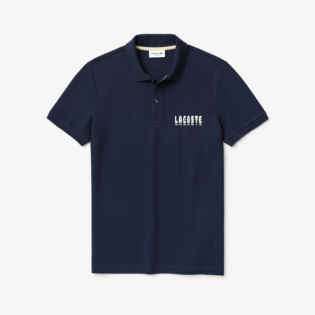 Mens   3D-Lettering Slim Fit Stretch Cotton Piqué Polo | Lacoste Navy Blue • 166