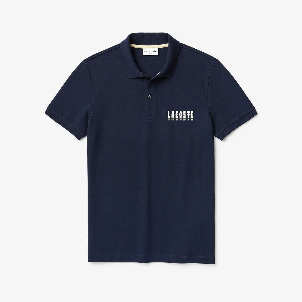 Mens   3D-Lettering Slim Fit Stretch Cotton Piqué Polo | Lacoste Navy Blue • 166