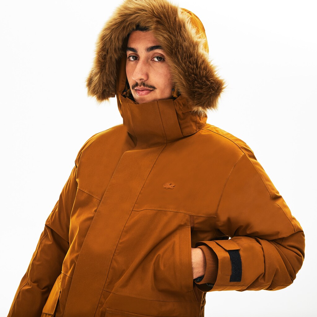 Mens   Detachable Faux Fur Hood Long Quilted Parka | Lacoste Brown / Khaki Green • 3Kg