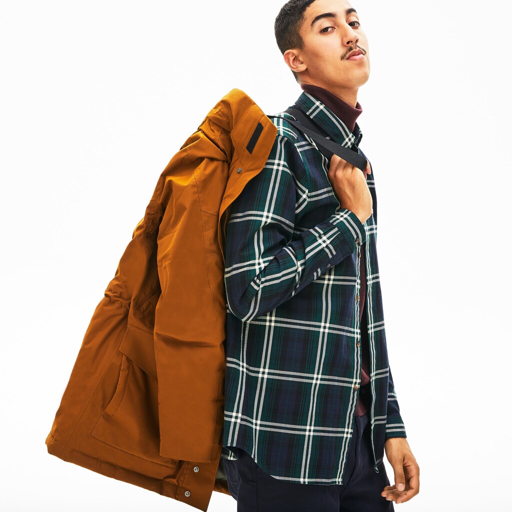 Mens   Detachable Faux Fur Hood Long Quilted Parka | Lacoste Brown / Khaki Green • 3Kg