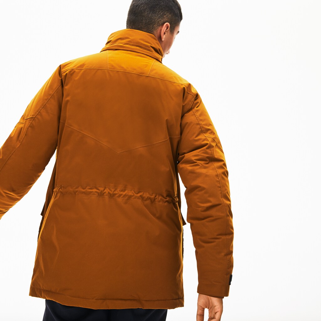 Mens   Detachable Faux Fur Hood Long Quilted Parka | Lacoste Brown / Khaki Green • 3Kg
