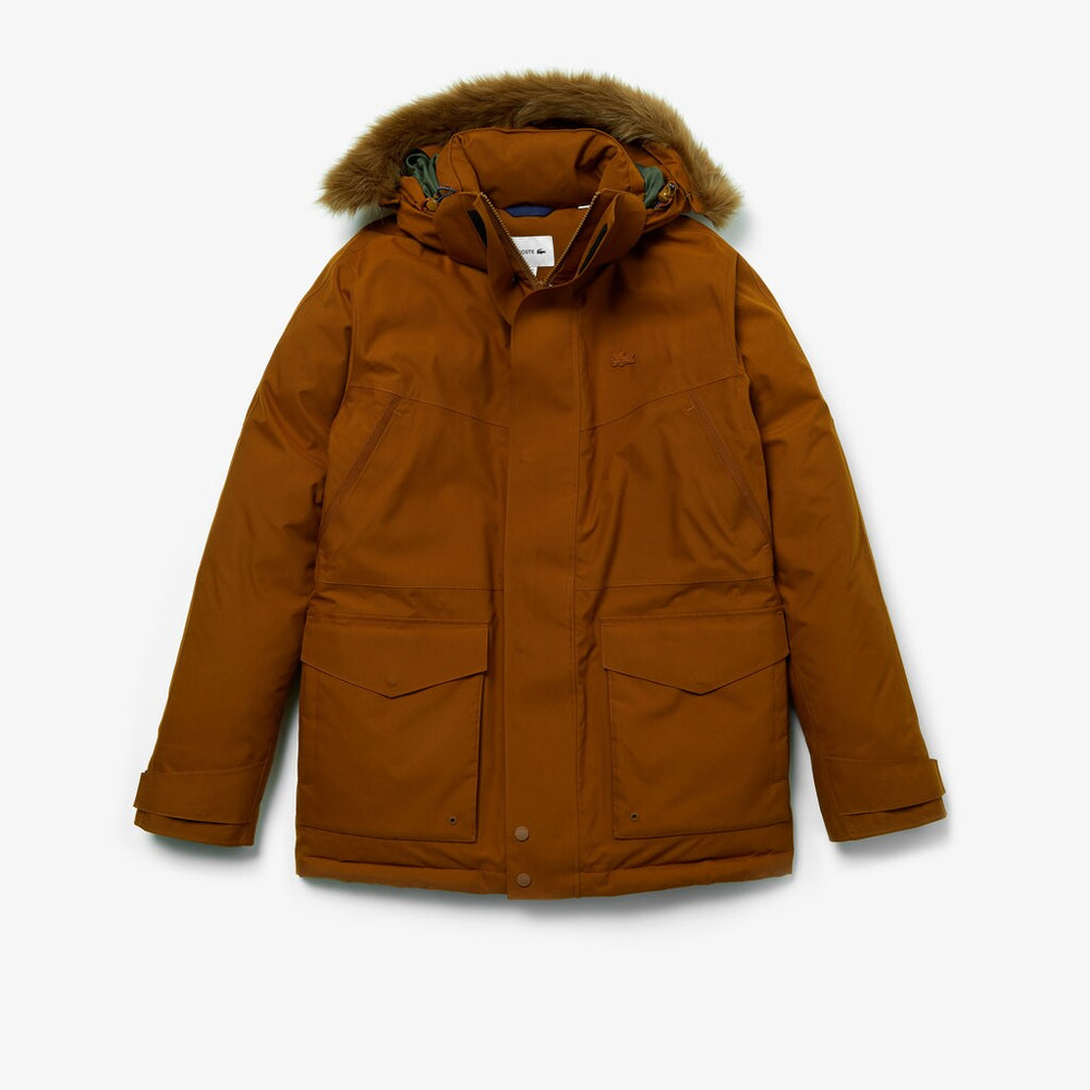 Mens   Detachable Faux Fur Hood Long Quilted Parka | Lacoste Brown / Khaki Green • 3Kg