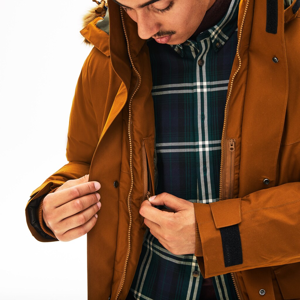 Mens   Detachable Faux Fur Hood Long Quilted Parka | Lacoste Brown / Khaki Green • 3Kg