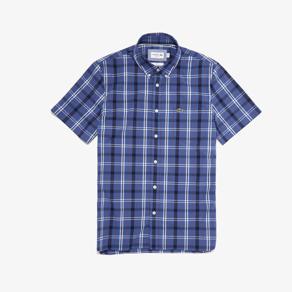Mens   Short Sleeve Stretch Plaid Poplin Shirt | Lacoste Blue / Navy Blue / Bordeaux • 1Ch
