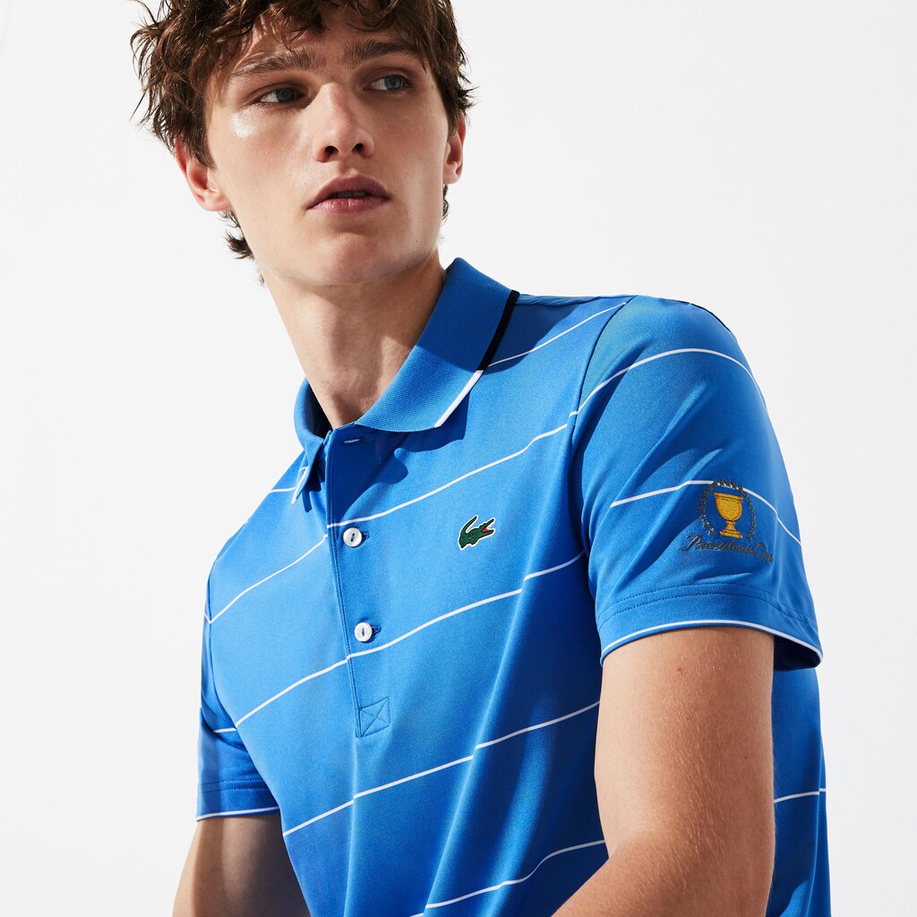 Mens   Presidents Cup Striped Breathable Stretch Jersey Golf Polo Shirt | Lacoste Blue / White / Navy Blue / White • 34Q