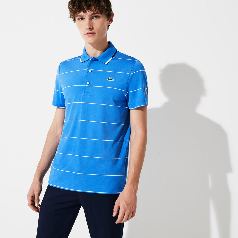 Mens   Presidents Cup Striped Breathable Stretch Jersey Golf Polo Shirt | Lacoste Blue / White / Navy Blue / White • 34Q
