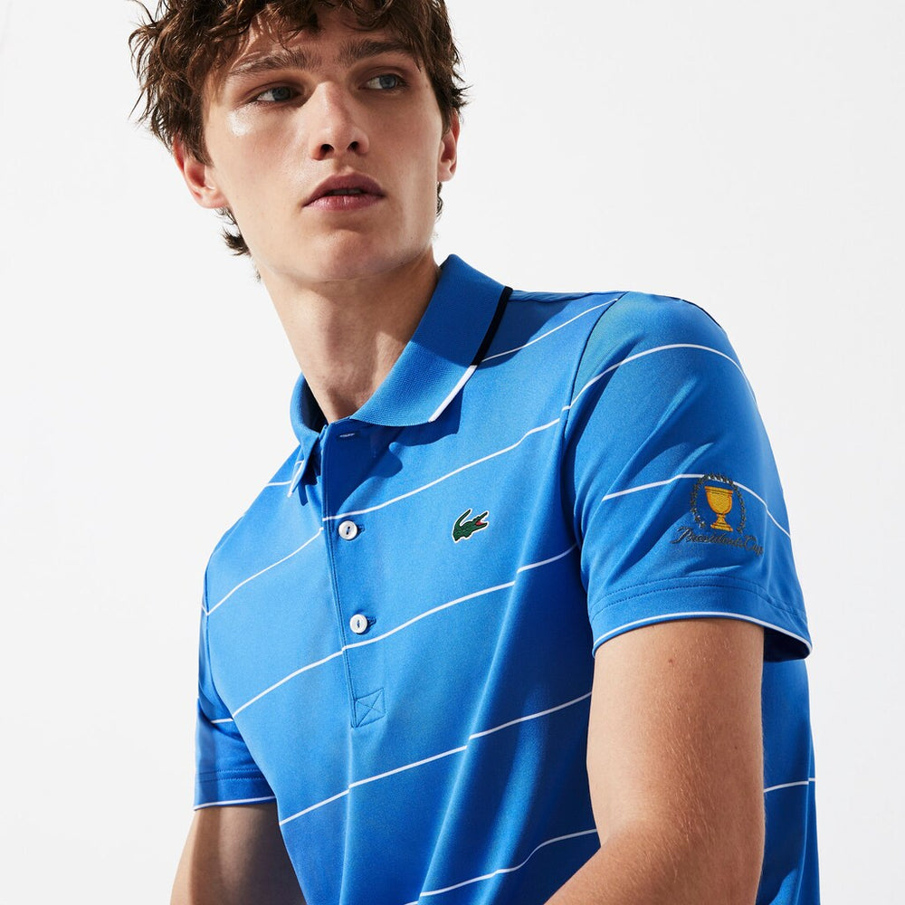 Mens   Presidents Cup Striped Breathable Stretch Jersey Golf Polo Shirt | Lacoste Blue / White / Navy Blue / White • 34Q