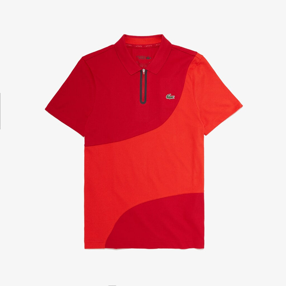Mens   SPORT Color-Blocked Breathable Piqué Zip Golf Polo Shirt | Lacoste Red / Navy Blue • 2Kg