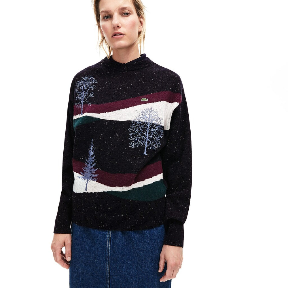 Womens Wo  Winter Design Cotton And Wool Blend Jacquard Sweater | Lacoste Navy Blue / Bordeaux / White / Green • 0Nr