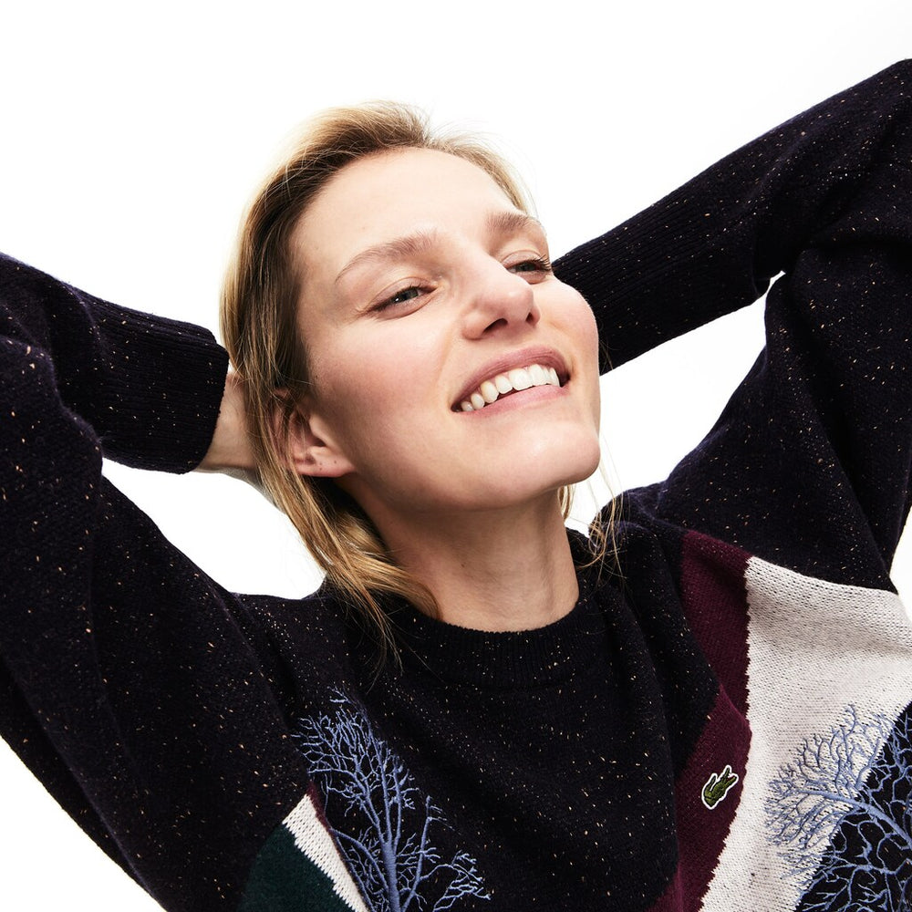 Womens Wo  Winter Design Cotton And Wool Blend Jacquard Sweater | Lacoste Navy Blue / Bordeaux / White / Green • 0Nr