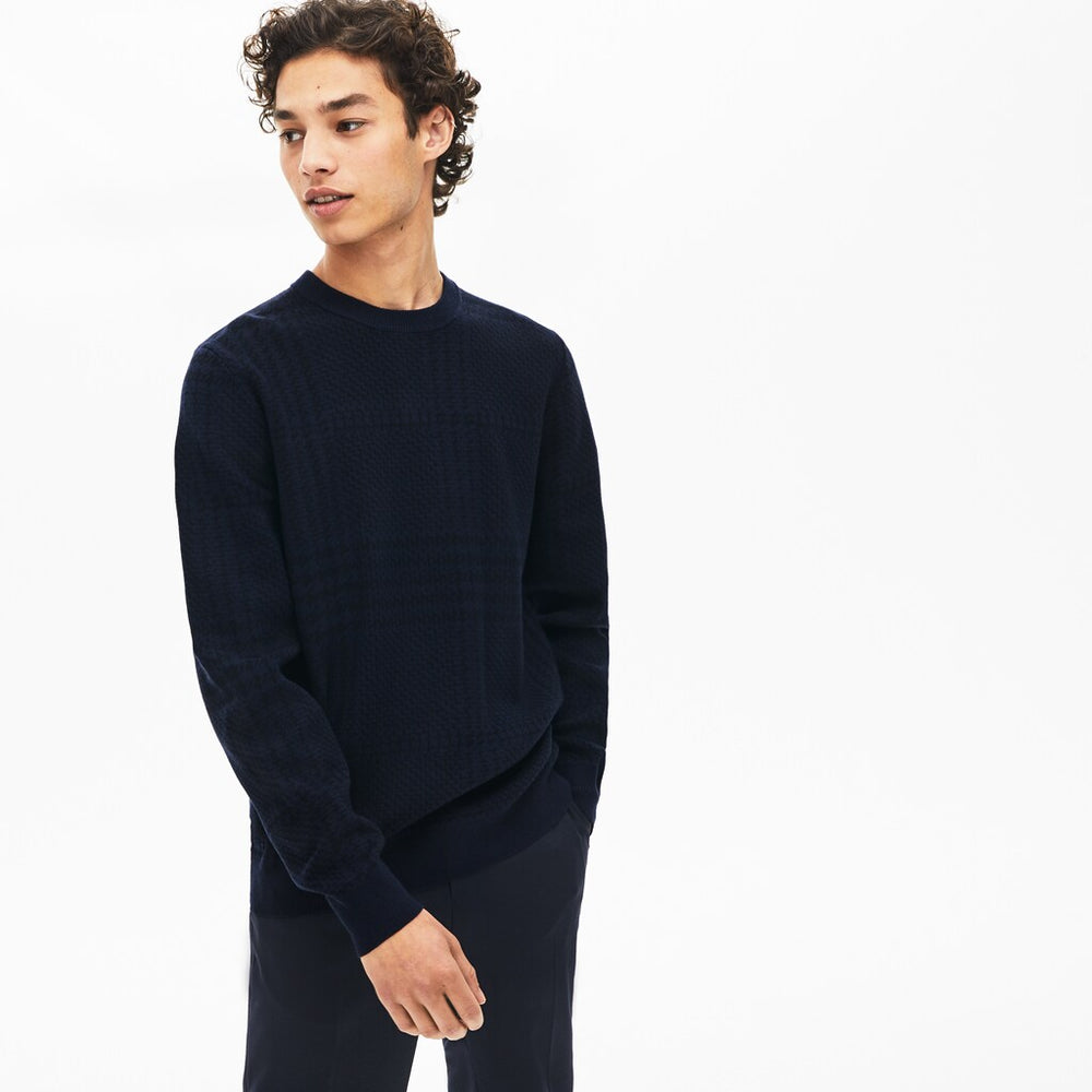 Mens   Crewneck Houndstooth Cotton And Cashmere Sweater | Lacoste Navy Blue / Black • Jb1