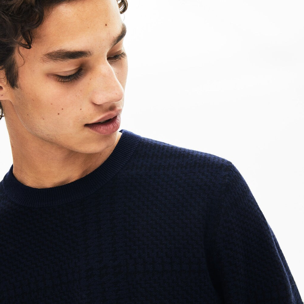 Mens   Crewneck Houndstooth Cotton And Cashmere Sweater | Lacoste Navy Blue / Black • Jb1