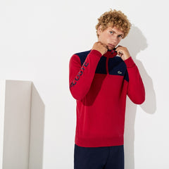 Mens   SPORT Zip-Up Technical Wool Sweater | Lacoste Red / Navy Blue • 9Ml