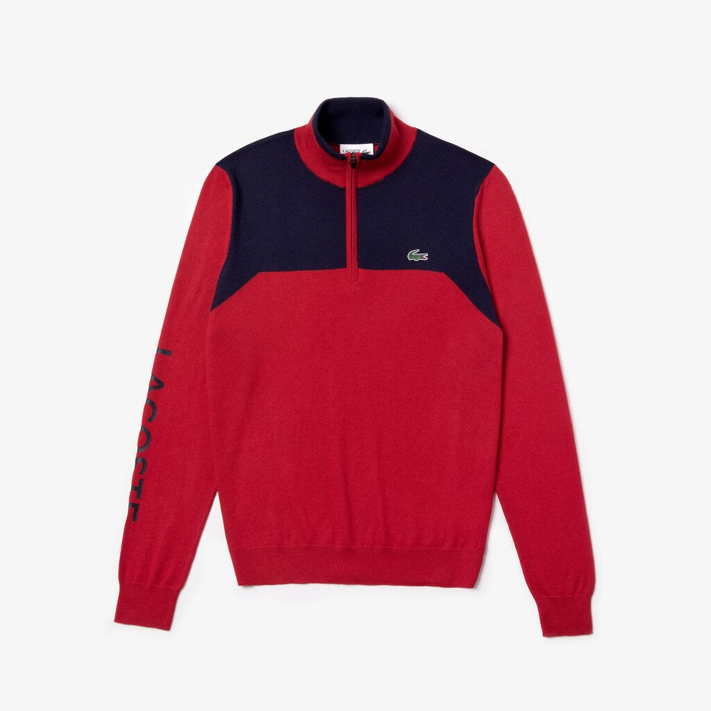 Mens   SPORT Zip-Up Technical Wool Sweater | Lacoste Red / Navy Blue • 9Ml