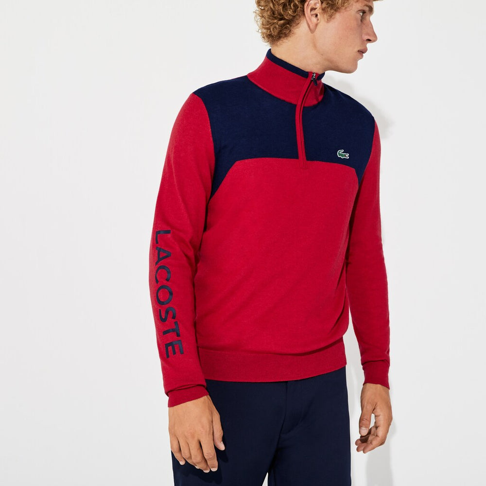 Mens   SPORT Zip-Up Technical Wool Sweater | Lacoste Red / Navy Blue • 9Ml