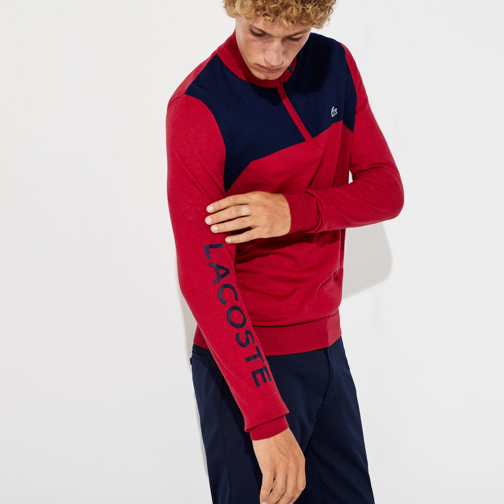 Mens   SPORT Zip-Up Technical Wool Sweater | Lacoste Red / Navy Blue • 9Ml