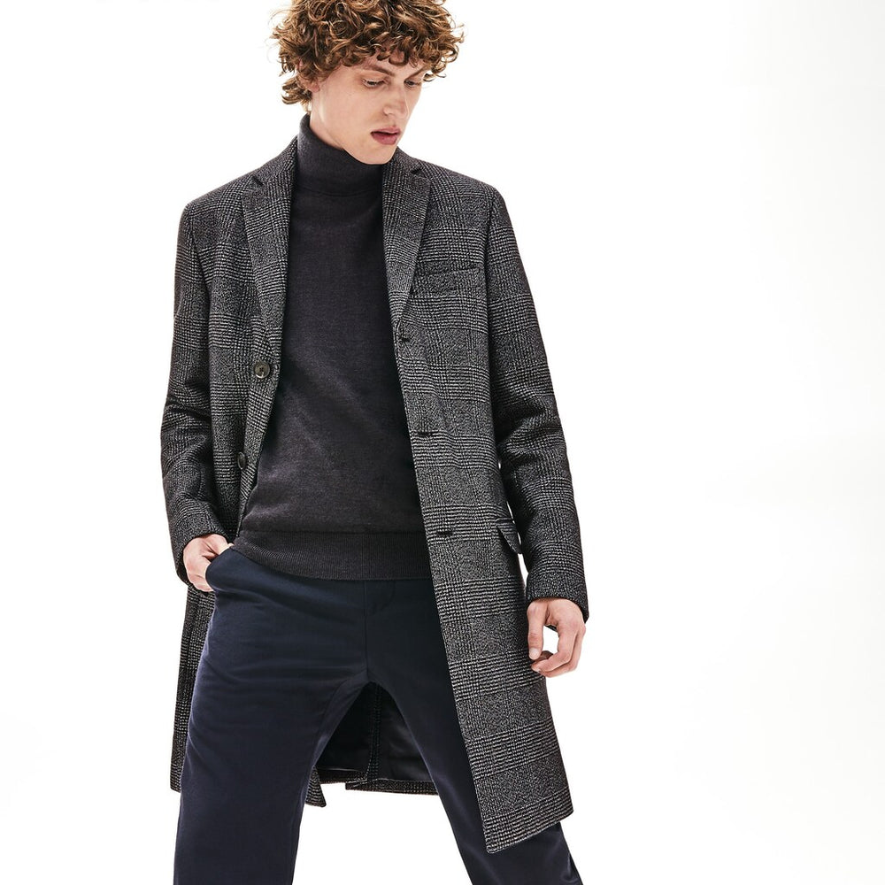 Mens   Glen Plaid Wool Blend Chesterfield Coat | Lacoste White / Black • E6V