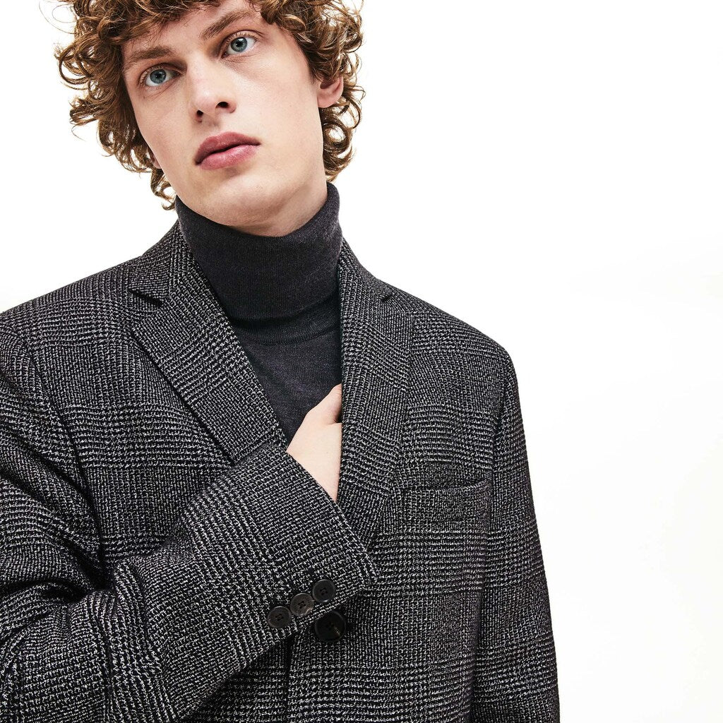 Mens   Glen Plaid Wool Blend Chesterfield Coat | Lacoste White / Black • E6V