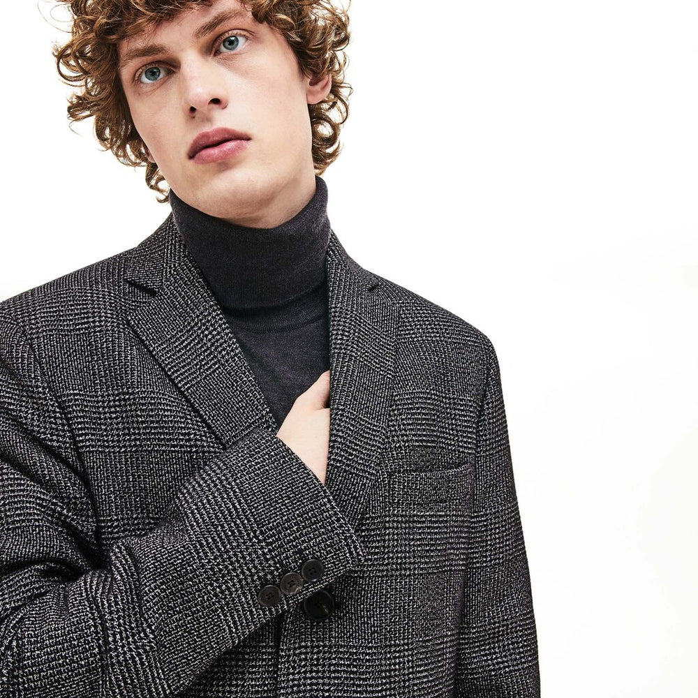 Mens   Glen Plaid Wool Blend Chesterfield Coat | Lacoste White / Black • E6V
