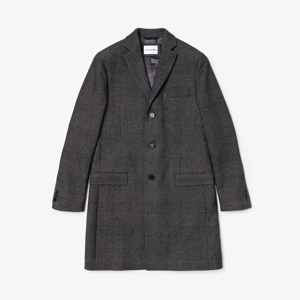Mens   Glen Plaid Wool Blend Chesterfield Coat | Lacoste White / Black • E6V