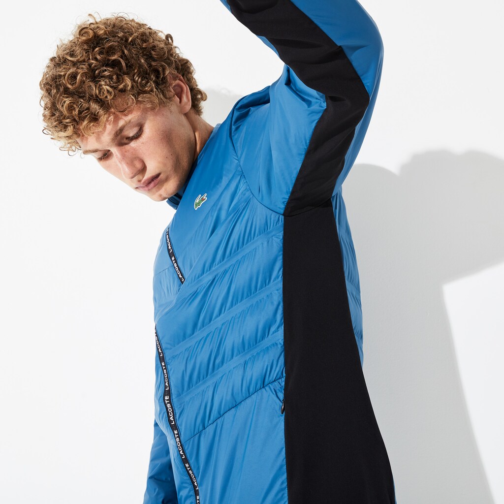 Mens   SPORT Quilted Mixed-Material Zip Tennis Jacket | Lacoste Blue / Black / White • Zk8