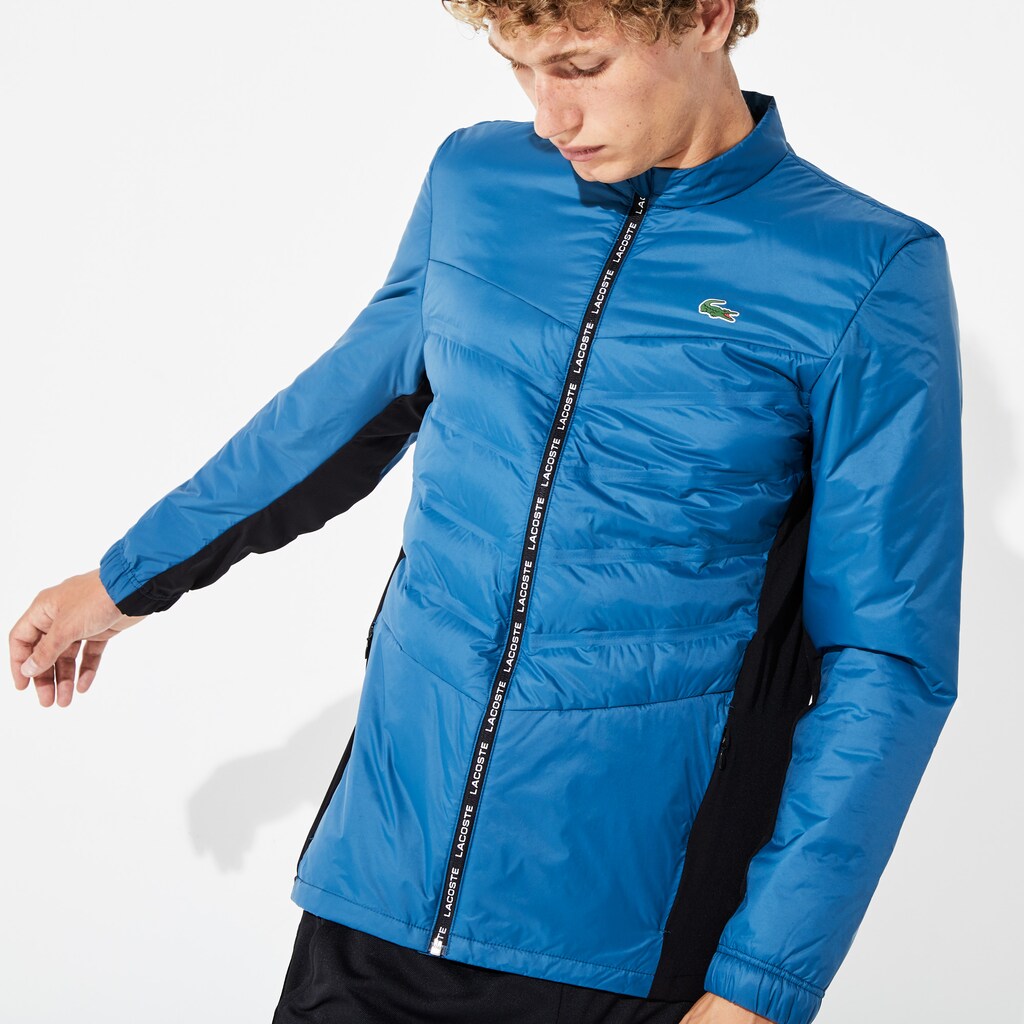 Mens   SPORT Quilted Mixed-Material Zip Tennis Jacket | Lacoste Blue / Black / White • Zk8