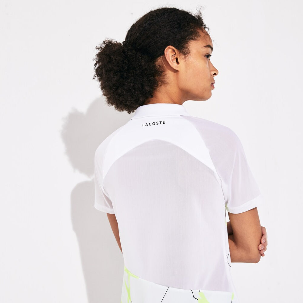 Womens Wo  SPORT Geometric Print Breathable Tennis Polo | Lacoste White / Flashy Yellow / Black • 1Qr